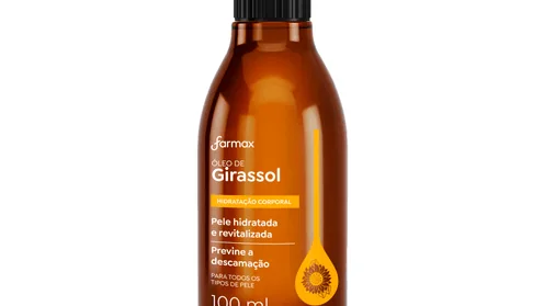 Embalagem do Óleo Corporal de Girassol Farmax 100 ml, frasco âmbar com tampa preta