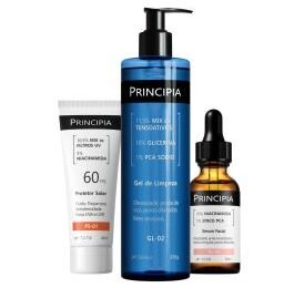 Kit Principia com gel de limpeza, protetor solar e sérum em frasco com conta-gotas