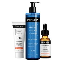Kit Principia com gel de limpeza, protetor solar e sérum em frasco com conta-gotas