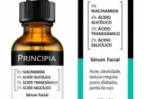 Frasco e caixa do sérum facial Principia MIX-01 com niacinamida, ácidos glicólico, tranexâmico e salicílico