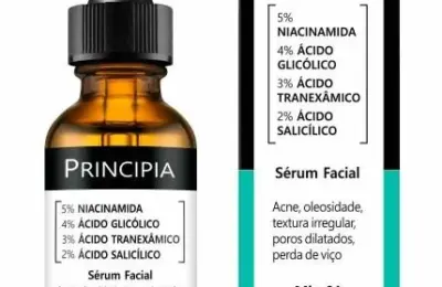 Frasco e caixa do sérum facial Principia MIX-01 com niacinamida, ácidos glicólico, tranexâmico e salicílico