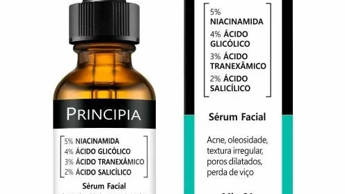Frasco e caixa do sérum facial Principia MIX-01 com niacinamida, ácidos glicólico, tranexâmico e salicílico