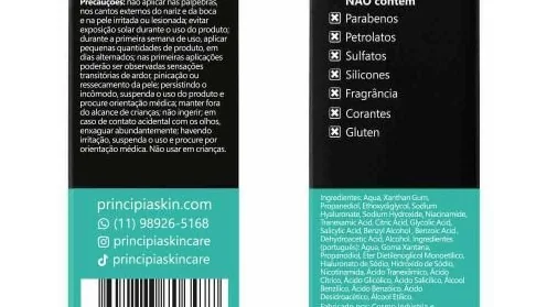 Verso das embalagens do sérum Principia MIX-01 com modo de uso, advertências e informações declaradas pela fabricante