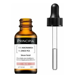 Frasco aberto do sérum Principia NC-10 com conta-gotas separado, mostrando a embalagem âmbar e a indicação de 10% de niacinamida e 1% de zinco PCA