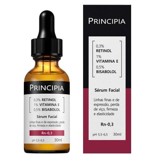 Sérum Principia RN-0,3 com retinol, vitamina E e bisabolol ao lado da caixa, vista frontal.