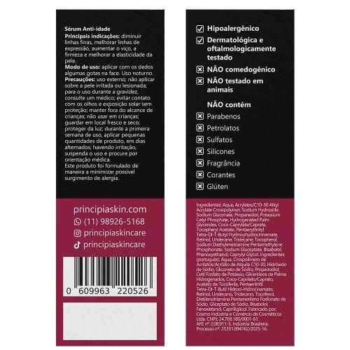 Verso da caixa do sérum Principia RN-0,3 com modo de uso, advertências e lista de ingredientes.