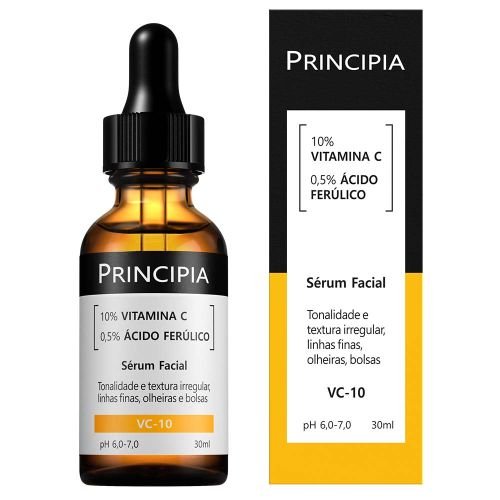 Principia VC-10 com frasco e caixa identificados como sérum facial de 10% vitamina C e 0,5% ácido ferúlico.