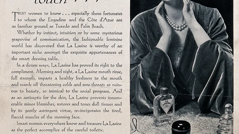 Anúncio histórico ilustrativo de produtos de cuidados pessoais; a imagem não representa produtos Bunny.