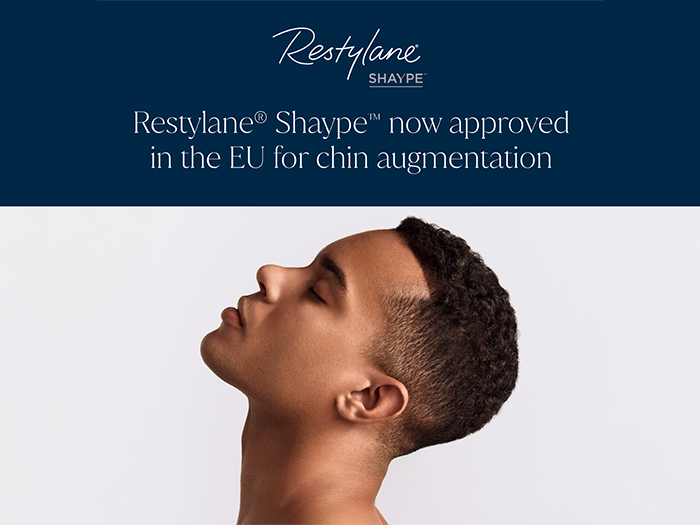 Imagem de divulgação do Restylane Shaype sobre a aprovação na União Europeia para aumento temporário do queixo