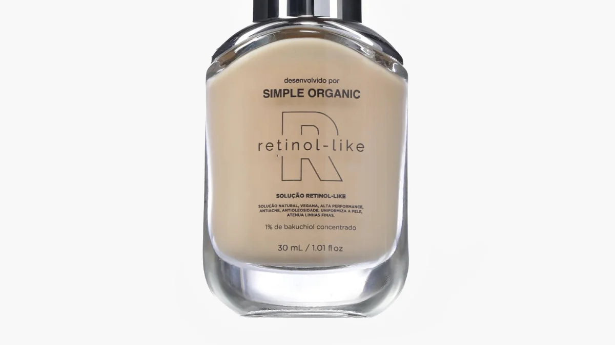 Frasco de 30 ml da Solução Retinol-Like da Simple Organic, com bakuchiol, em fundo branco