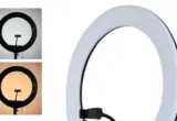 Ring light branco de 18 polegadas com suporte central, imagens de temperatura de cor e acessórios ilustrativos