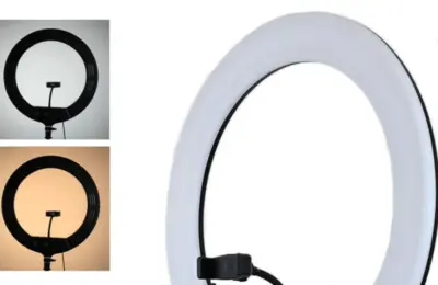 Ring light branco de 18 polegadas com suporte central, imagens de temperatura de cor e acessórios ilustrativos