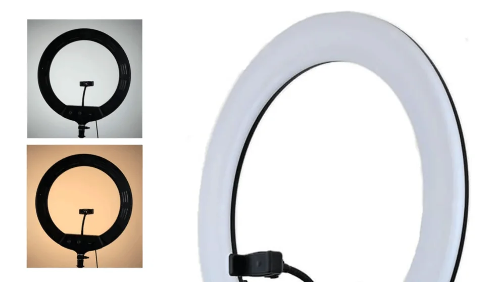 Ring light branco de 18 polegadas com suporte central, imagens de temperatura de cor e acessórios ilustrativos