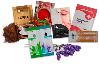 Sachês monodose para cosméticos em diferentes formatos, incluindo exemplo de skincare
