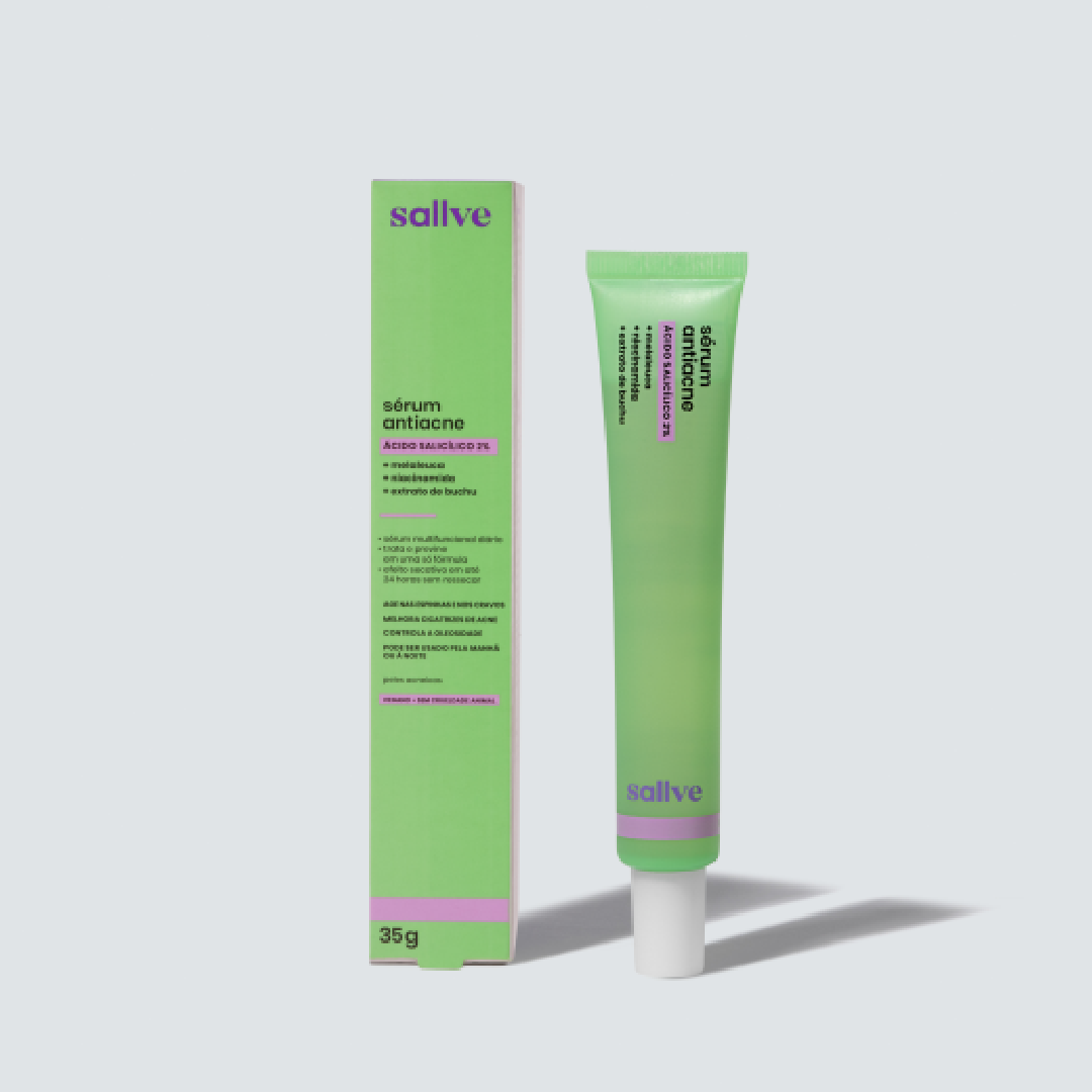 Sérum Antiacne Sallve de 35 g ao lado da caixa, com destaque para ácido salicílico 2%, niacinamida, melaleuca e extrato de buchu.
