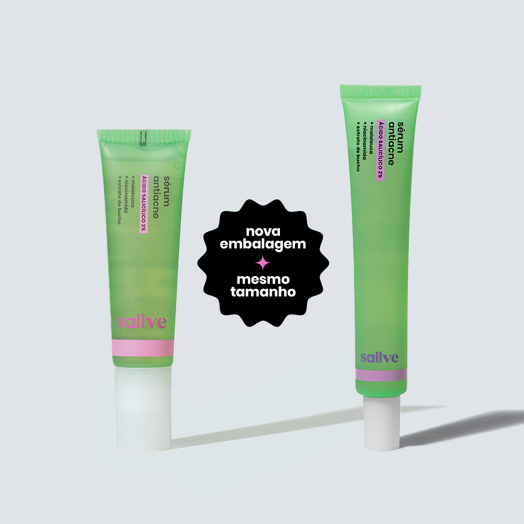 Comparação visual entre a embalagem antiga e a nova do Sérum Antiacne Sallve, ambas com 35 g e ácido salicílico 2%.