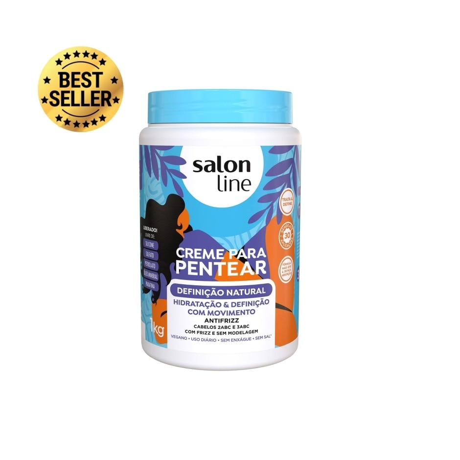 Pote do Creme para Pentear Salon Line Definição Natural de 1 kg, com tampa azul e rótulo azul e laranja.