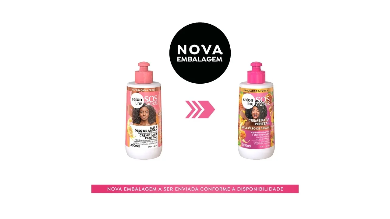 Embalagens antiga e nova do creme para pentear Salon Line SOS Cachos Mel e Óleo de Argan