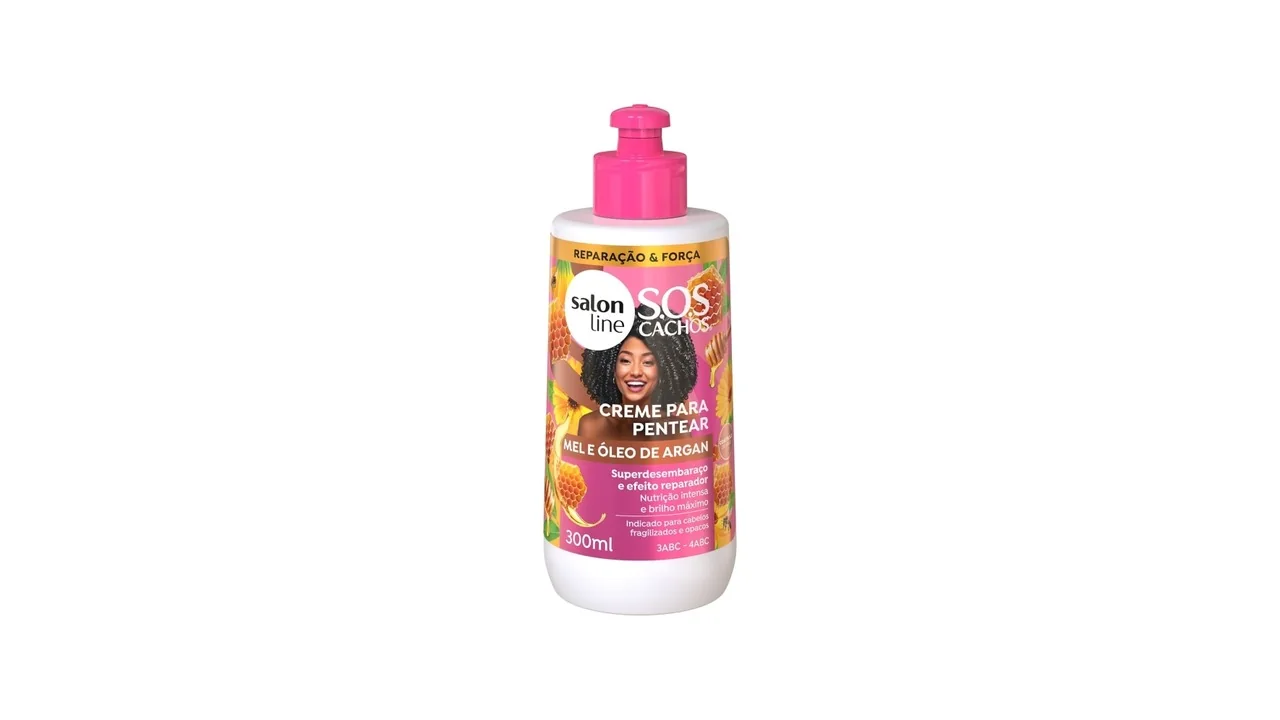 Creme para pentear Salon Line SOS Cachos Mel e Óleo de Argan 300 ml em fundo branco