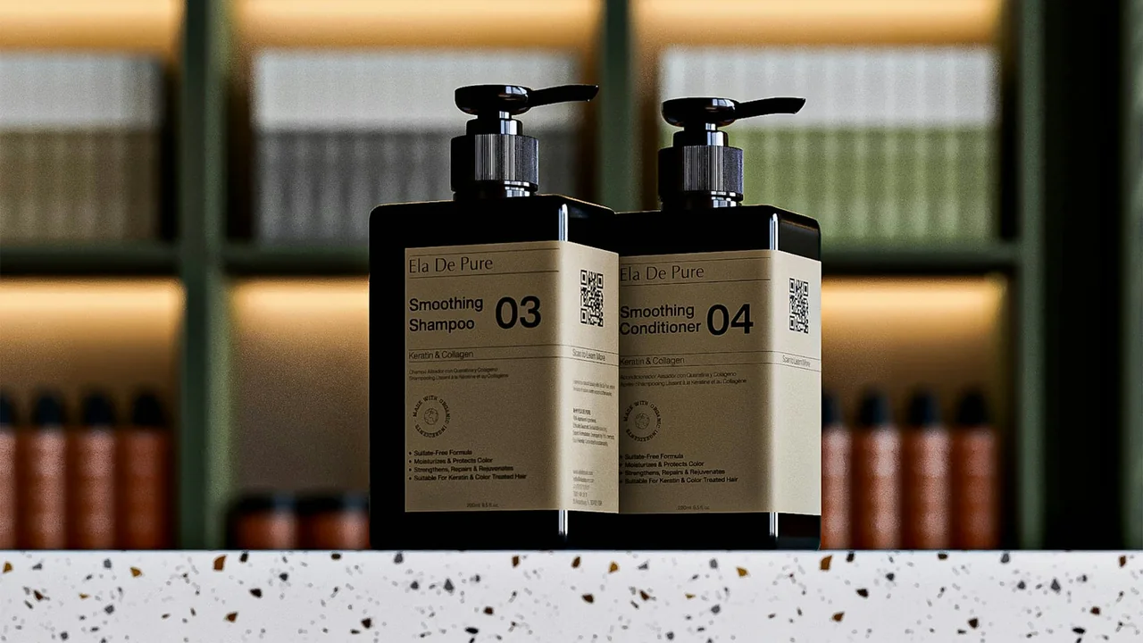 Frascos de shampoo e condicionador em uma bancada, imagem ilustrativa sobre produtos para cabelos alisados