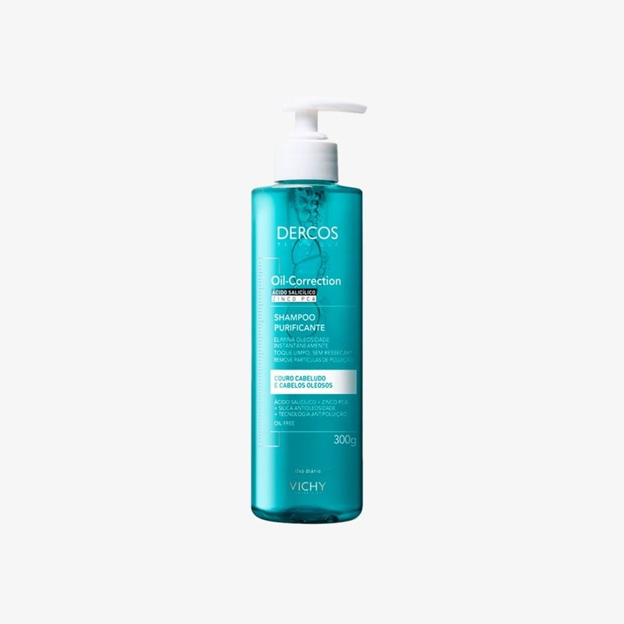 Frasco do shampoo purificante Vichy Dercos Oil-Correction com ácido salicílico e zinco PCA, indicado pela marca para couro cabeludo e cabelos oleosos.