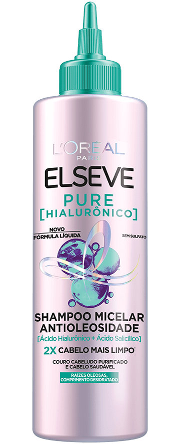 Frasco do shampoo micelar Elseve Pure Hialurônico anti oleosidade, com ácido hialurônico e ácido salicílico, volume de 300 ml.