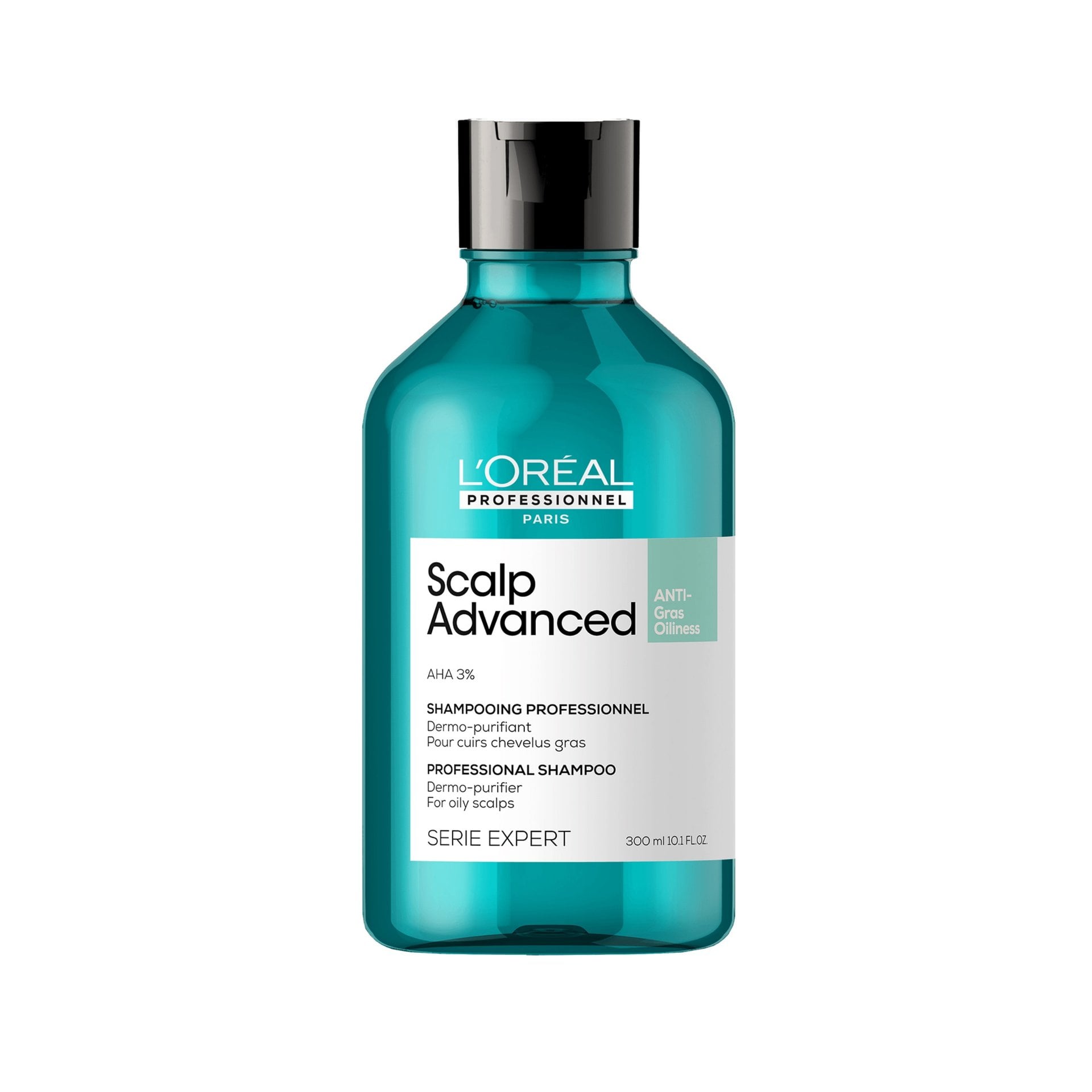 Frasco do shampoo L'Oréal Professionnel Scalp Advanced anti-oleosidade, com AHA 3% e volume de 300 ml visível na embalagem.