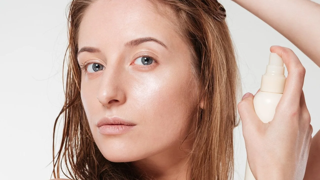 Spray fixador aplicado próximo ao cabelo, imagem ilustrativa baseada em material da L’Oréal Paris.