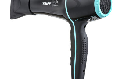 Secador Taiff Style 2000W preto com detalhes azul-turquesa e bico direcionador