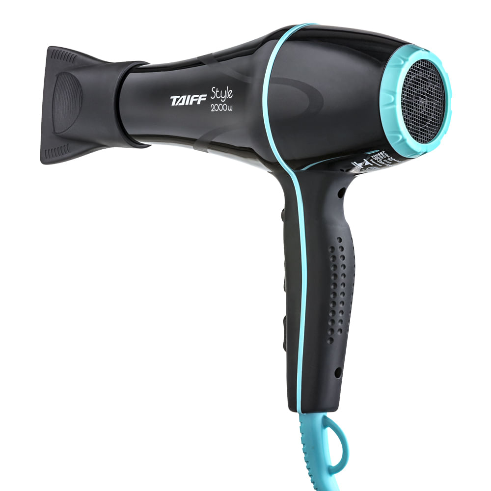 Secador Taiff Style 2000W preto com detalhes azul-turquesa e bico direcionador