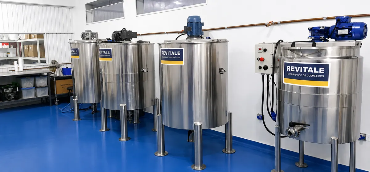 Tanques de aço inoxidável usados na produção de cosméticos em uma indústria