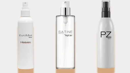 Válvulas spray para cosméticos em diferentes frascos, imagem ilustrativa da Aptar Beauty.