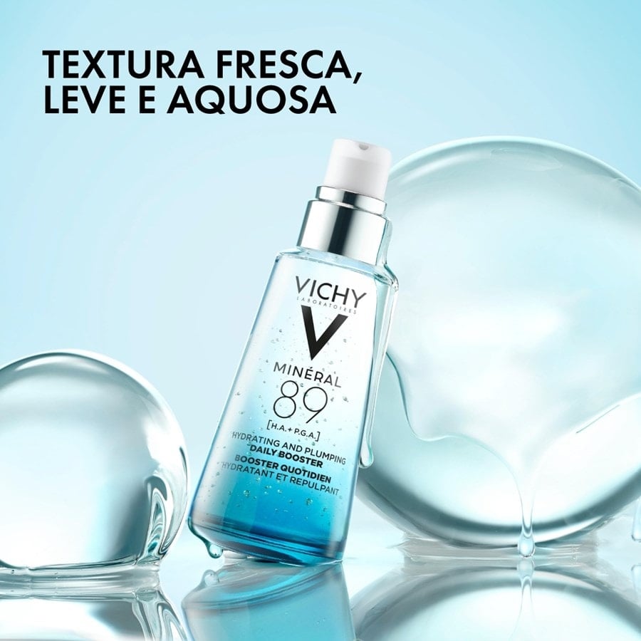 Frasco do Vichy Minéral 89 em composição visual que representa textura fresca, leve e aquosa