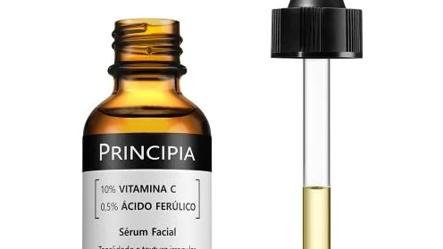 Frasco aberto e aplicador do sérum VC-10 da Principia, com vitamina C e ácido ferúlico.