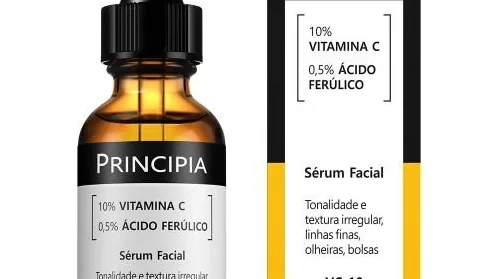 Frasco do sérum VC-10 da Principia com 10% de vitamina C e 0,5% de ácido ferúlico.