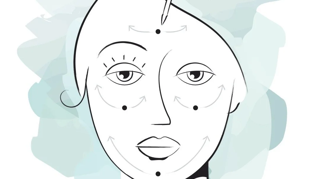Ilustração de movimentos de aplicação de cosmético no rosto; imagem contextual de skincare.