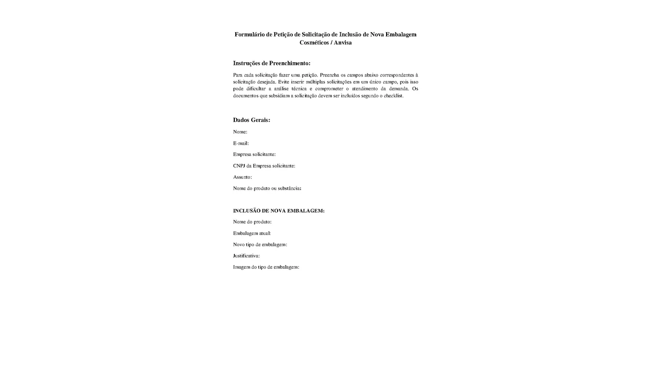 Primeira página do formulário oficial da Anvisa para solicitar inclusão de nova embalagem em cosméticos