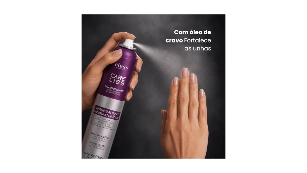 Aplicação do spray secante de esmalte Care Liss nas unhas.