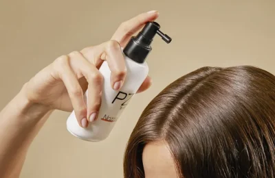 Mão aplicando produto capilar com válvula pump sobre os cabelos