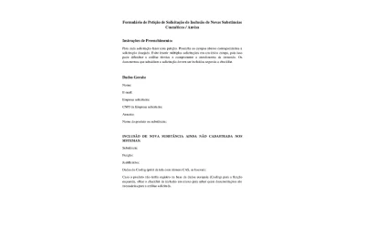 Primeira página do formulário oficial da Anvisa para solicitar inclusão de nova substância em cosméticos