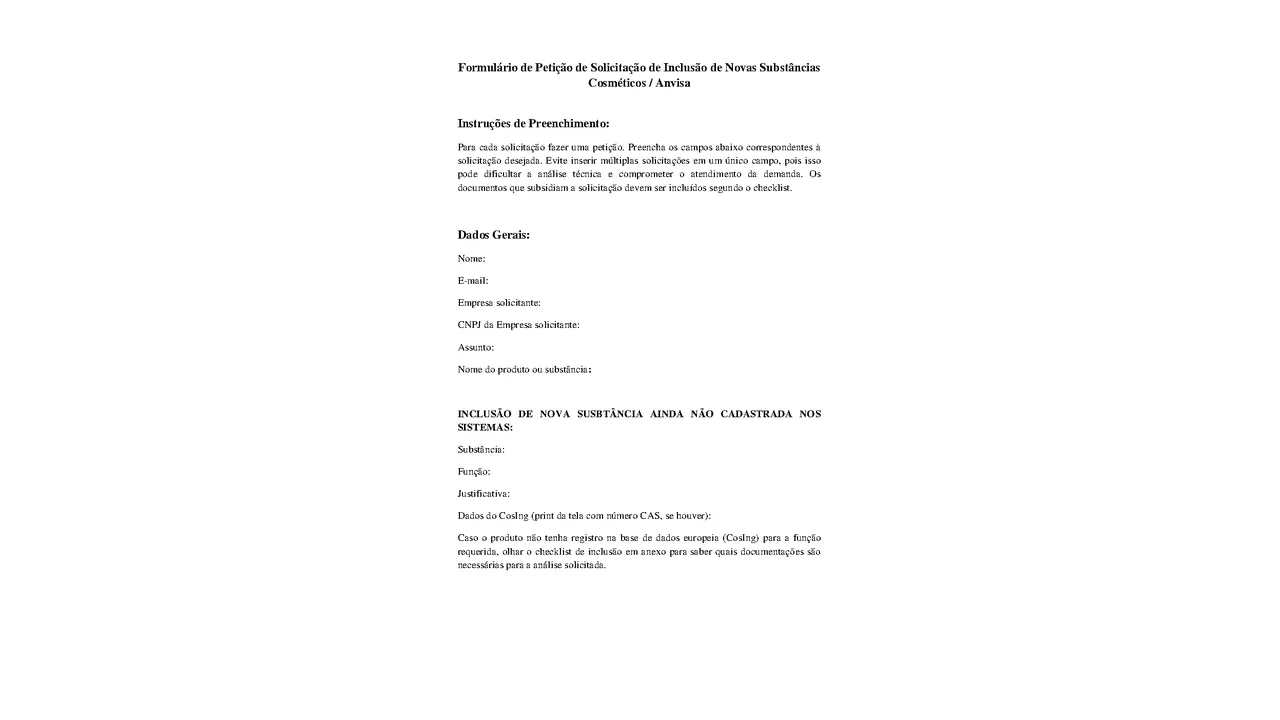 Primeira página do formulário oficial da Anvisa para solicitar inclusão de nova substância em cosméticos