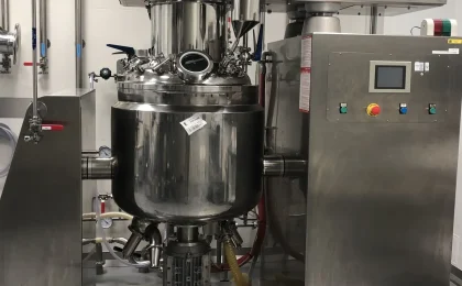 Tanque industrial de mistura e homogeneização usado na produção de cosméticos