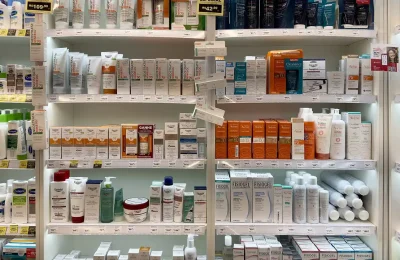 Prateleira de produtos de skincare em uma farmácia