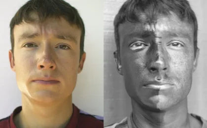 Comparação visual de um rosto com protetor solar sob luz visível e ultravioleta