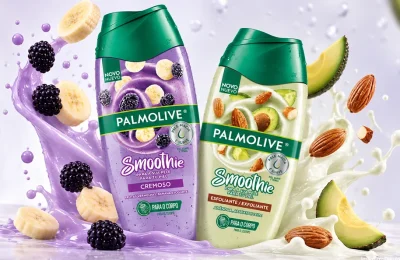 Frascos dos sabonetes Palmolive Smoothie Cremoso e Esfoliante em composição com frutas e texturas cremosas.