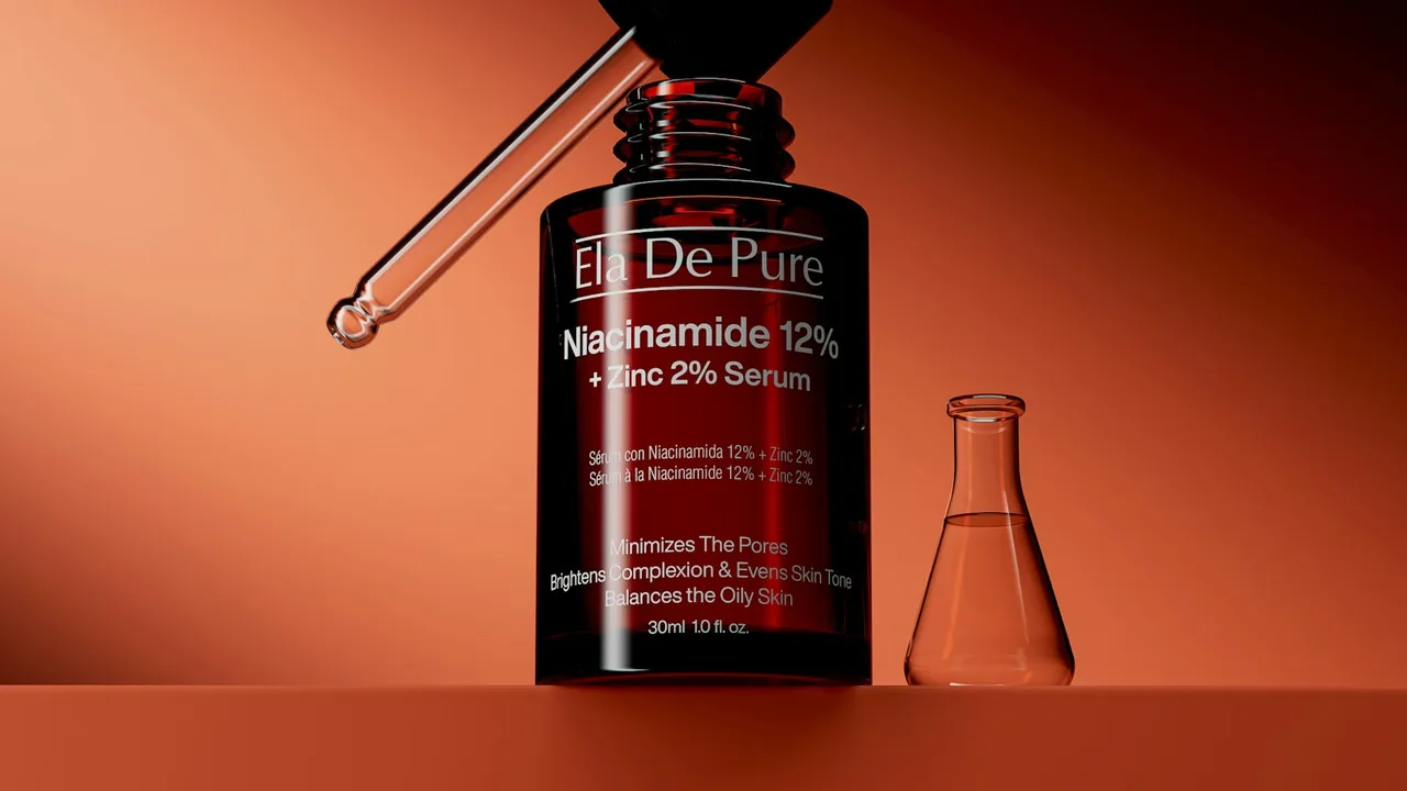 Sérum de niacinamida com conta-gotas e frasco de laboratório em fundo alaranjado.