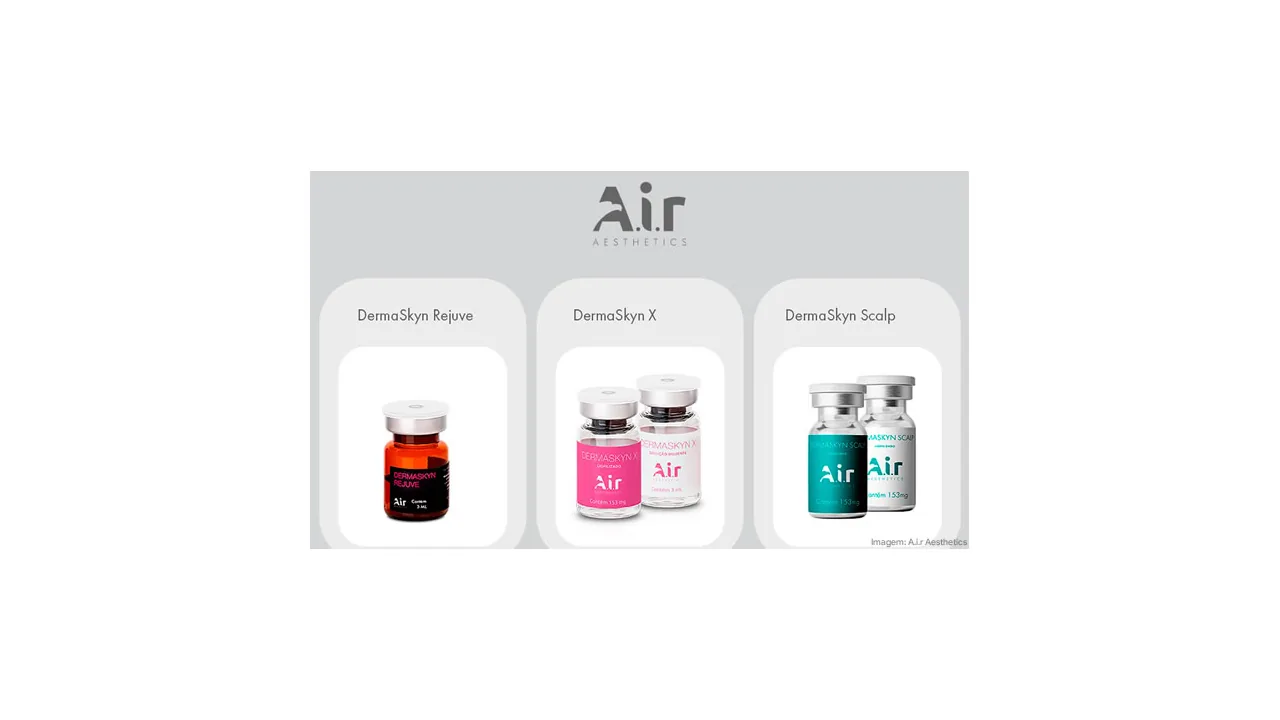 Imagem oficial da linha DermaSkyn, da A.i.r Aesthetics, com produtos Rejuve, X e Scalp.