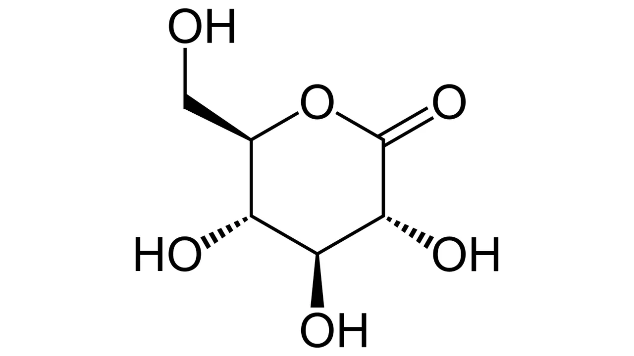 Estrutura molecular da gluconolactona, também chamada glucono-delta-lactona