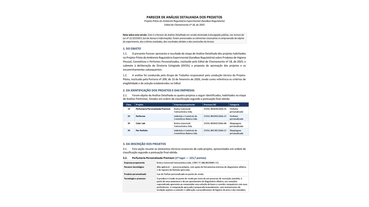 Primeira página do parecer público da Anvisa com a tabela dos quatro projetos de cosméticos personalizados