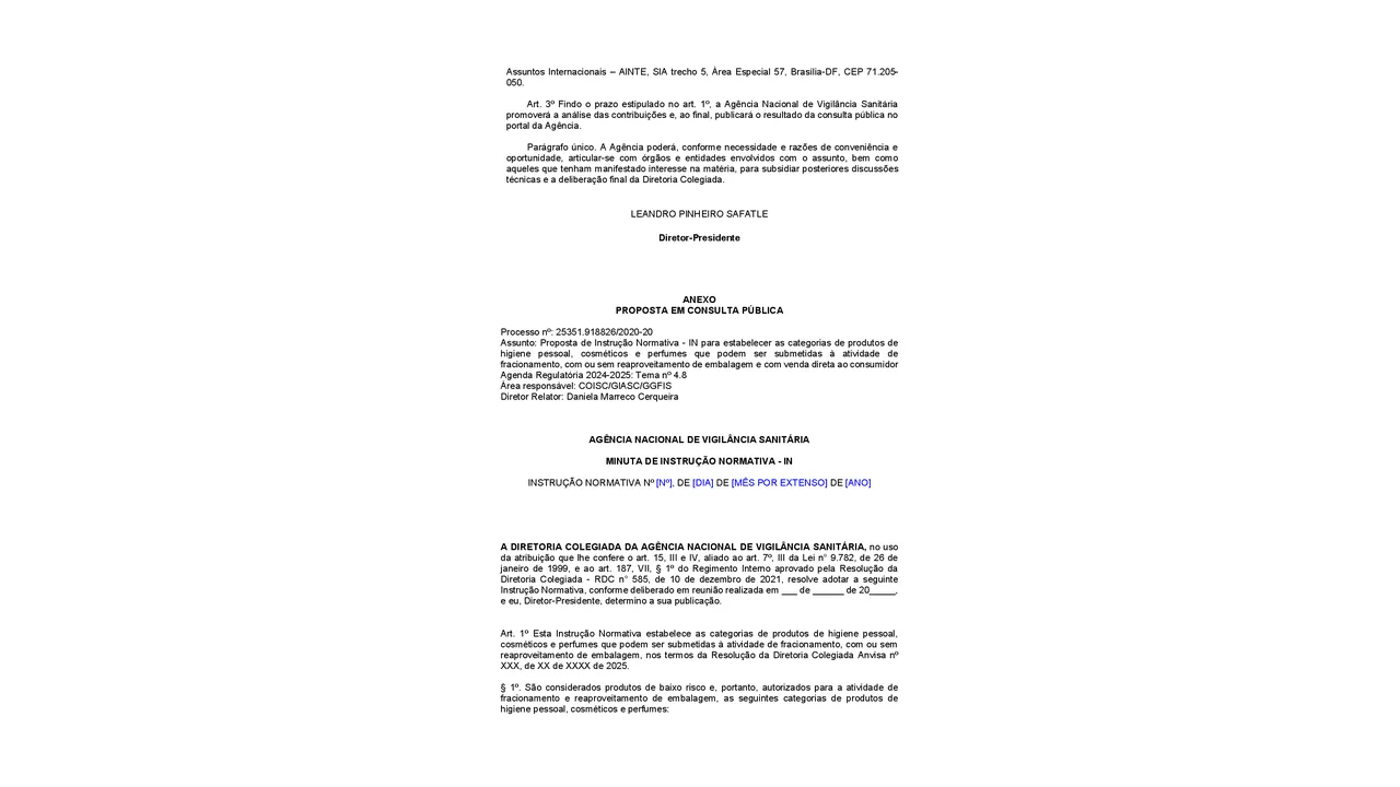 Página da minuta da Consulta Pública Anvisa nº 1.381 de 2026 com categorias propostas para fracionamento de cosméticos